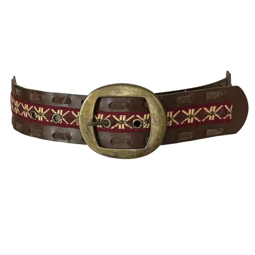 Vintage Boho Vegan Leather Woven Embroidered Belt  S